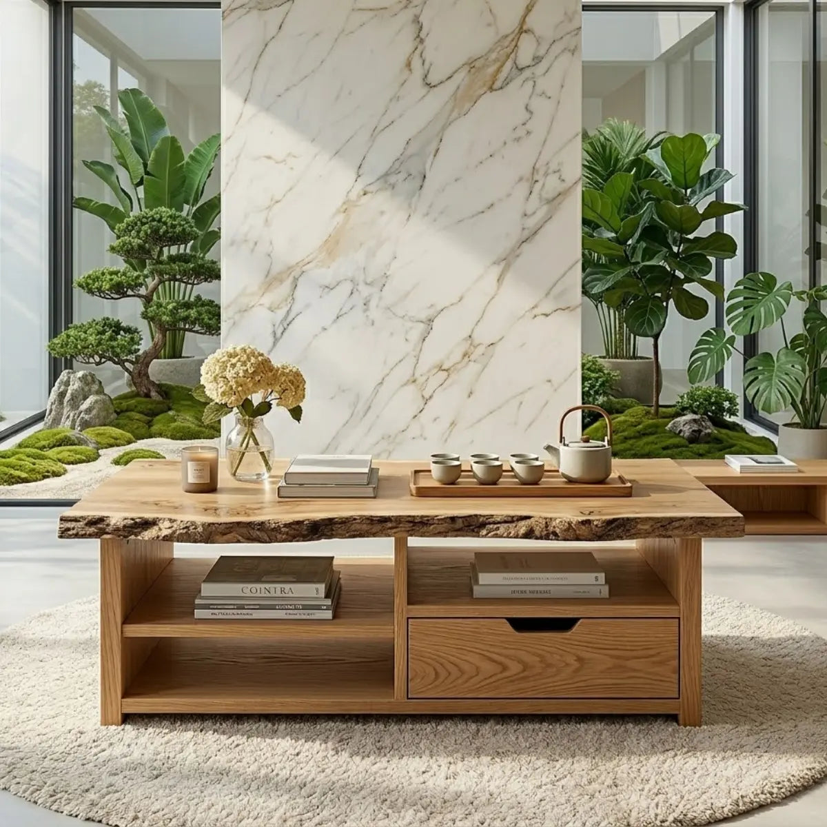 Live Edge Oak Coffee Table with Storage Drawer and Shelf, Solid Wood Living Room Table - view 1 of 7