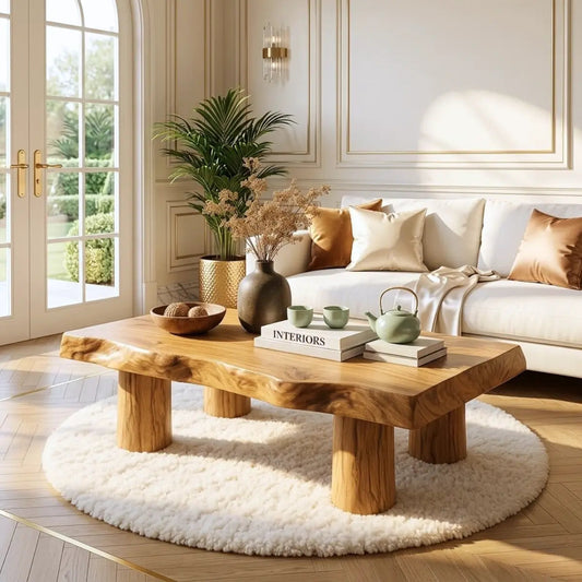 Handcrafted Wooden Coffee Table with Thick Pillar Legs and Natural Finish - view 1 of 7