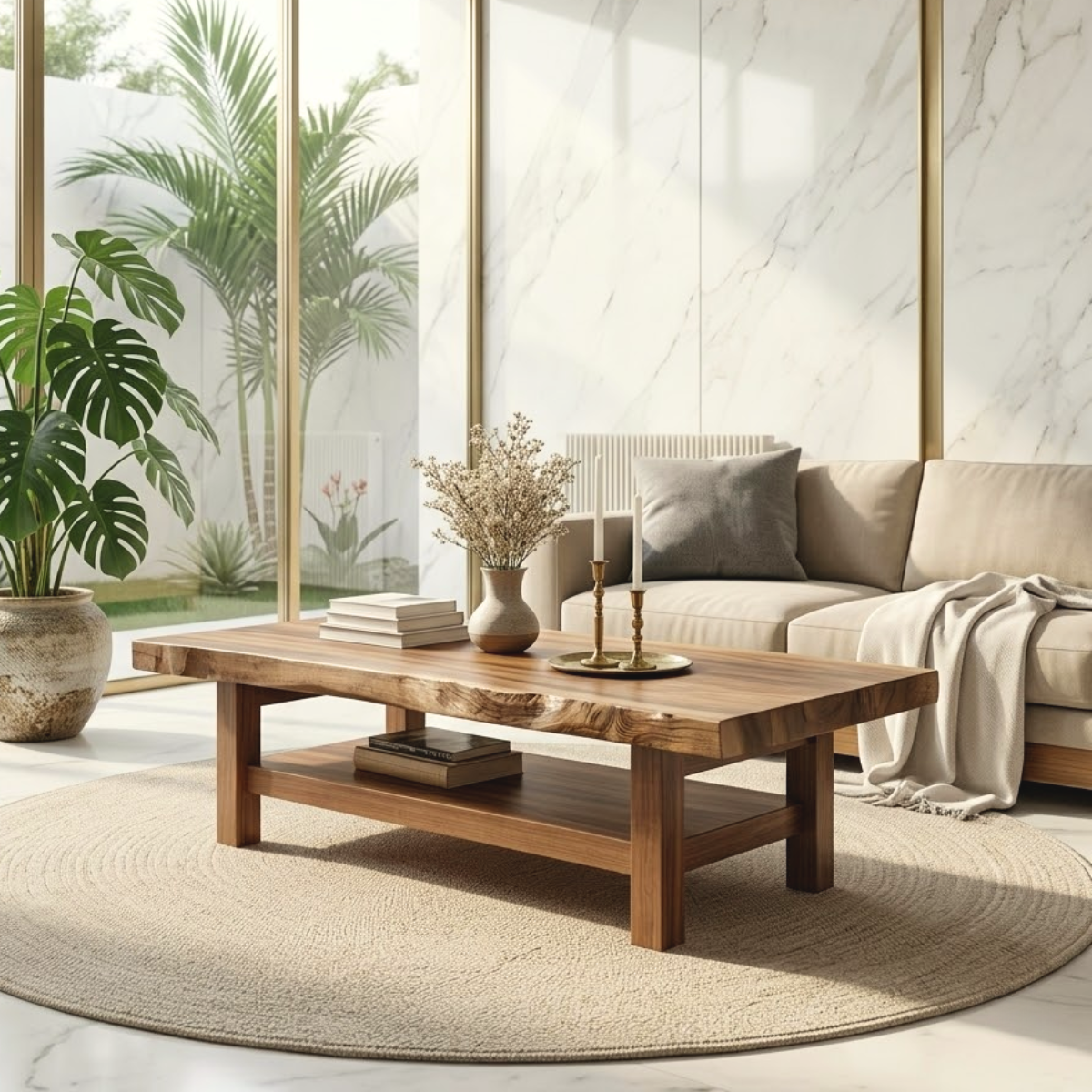 Handcrafted Solid Wood Coffee Table with Open Shelf and Natural Finish - view 2 of 7