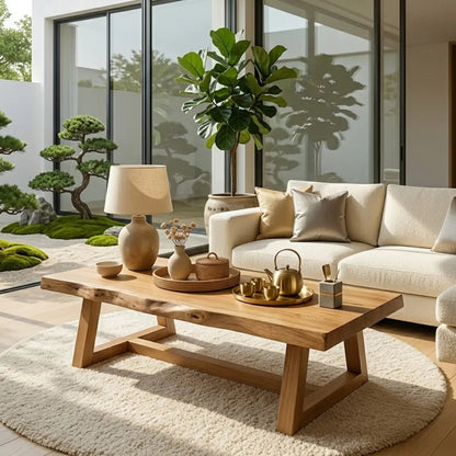 Rustic Solid Wood Coffee Table with Live Edge Top and Trestle Base for Living Room - view 1 of 7