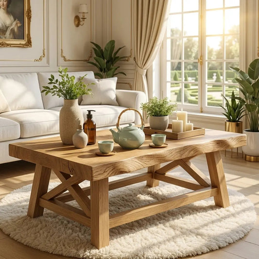 Handcrafted Wooden Coffee Table with X-Shaped Support, Natural Rustic Finish - view 1 of 7