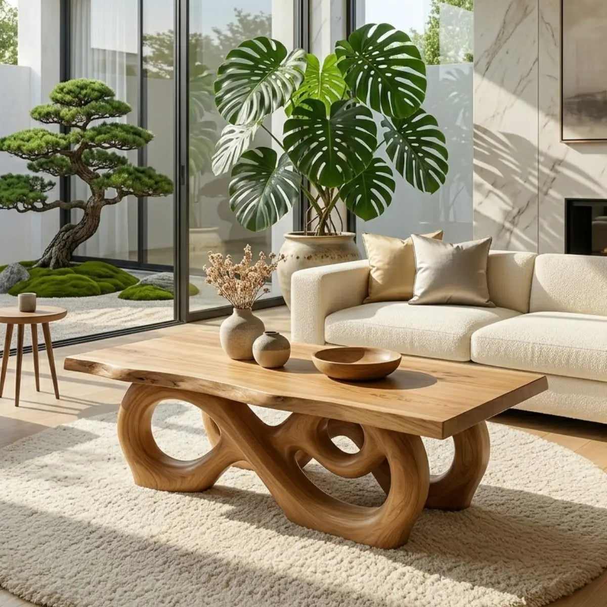 Sculptural Solid Wood Coffee Table with Artistic Carved Base, Modern Living Room Table - view 1 of 7