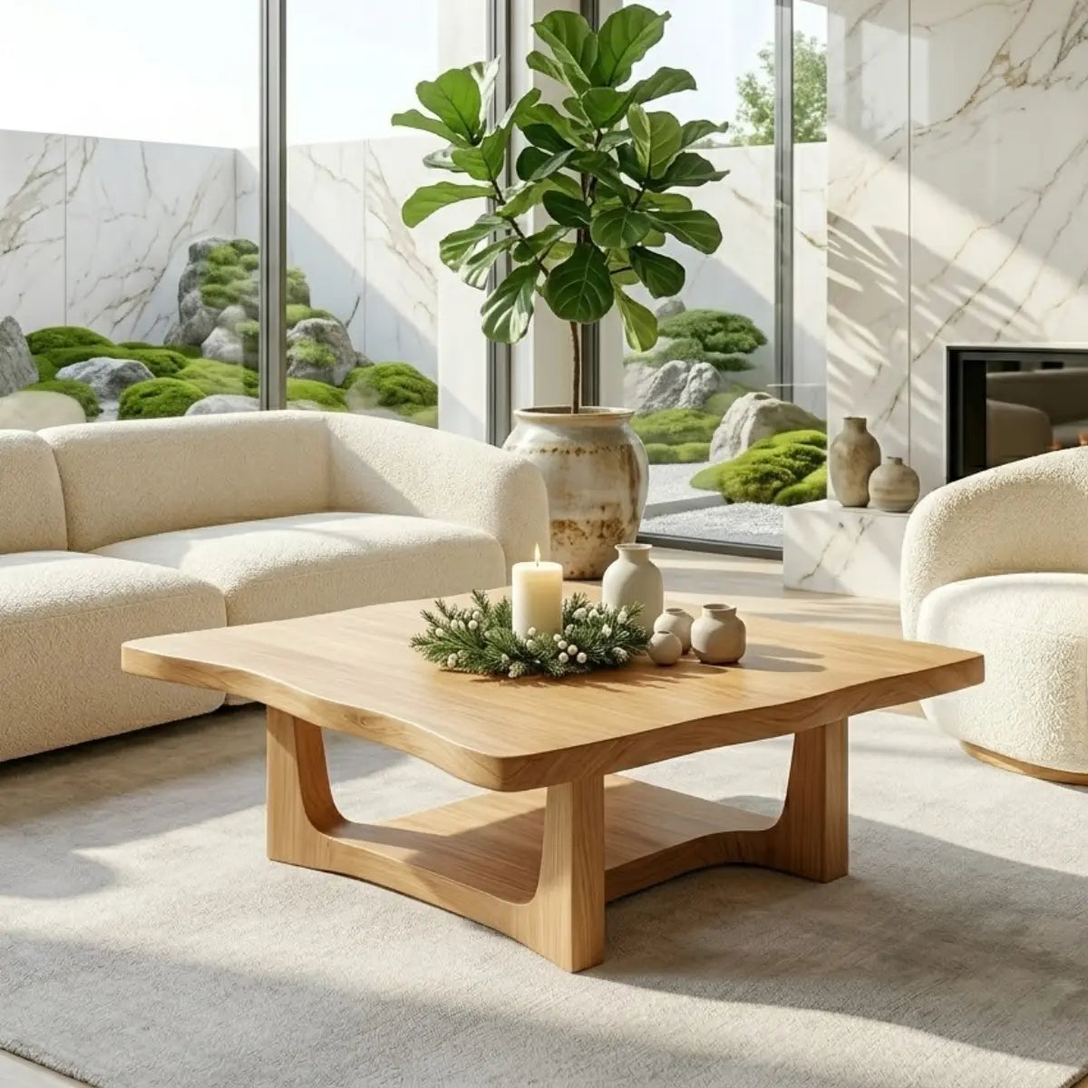 Solid Oak Coffee Table with Curved Edges and Open Base, Modern Japanese Style Living Room Table - view 1 of 7