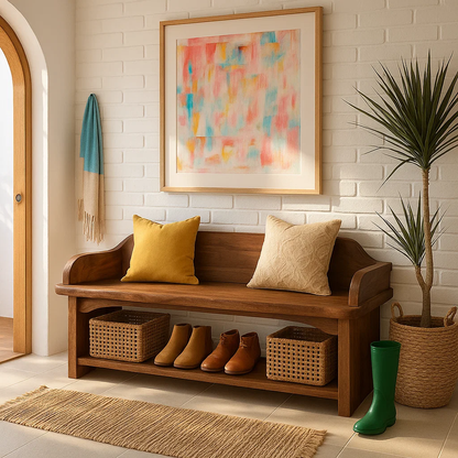 Solid Wood Entryway Bench with Armrests and Shoe Shelf Storage - view 2 of 7