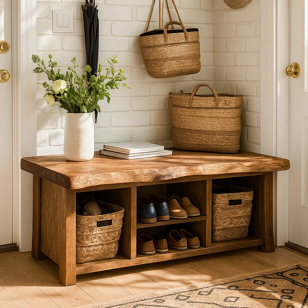 Solid Wood Entryway Bench with Storage Cubbies and Shoe Organizer Shelf - view 5 of 7
