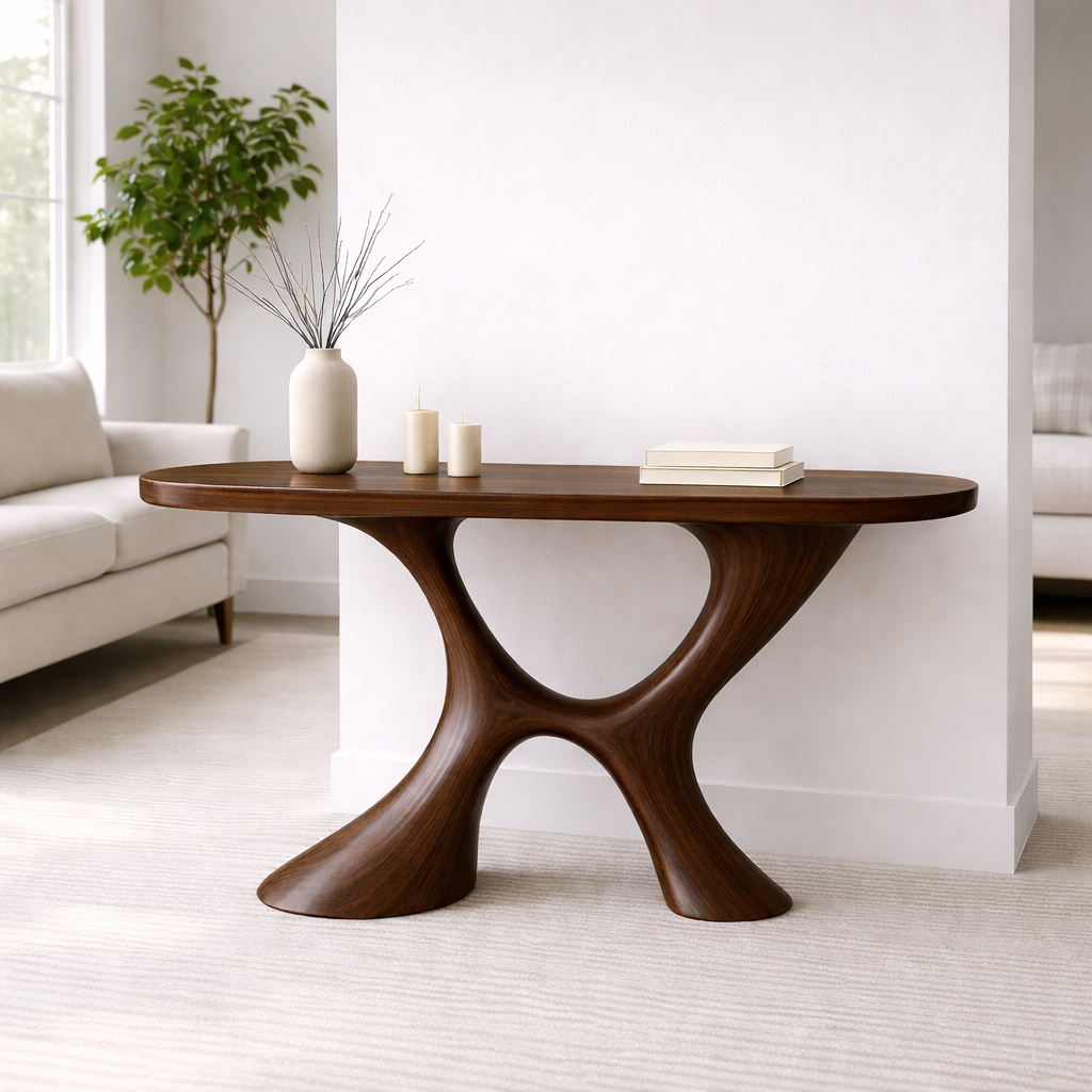Modern Solid Wood Console Table, Sculptural Organic Base Entryway Hallway Oak Statement Furniture - view 5 of 7