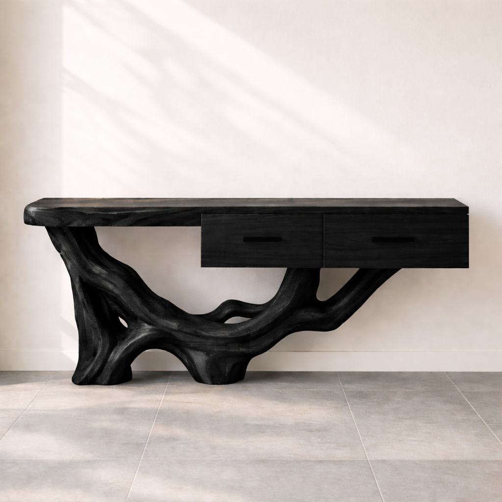 Rustic Solid Wood Console Table With Drawers, Tree Root Base Entryway Hallway Furniture - view 7 of 7