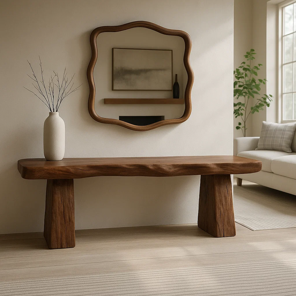 Solid Wood Entryway Bench with Sculpted Base, Handmade Rustic Hallway Seat - view 2 of 7
