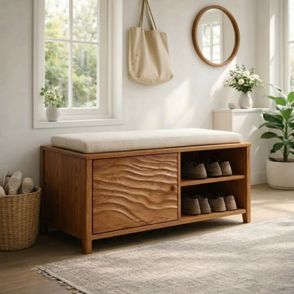 Solid Wood Shoe Bench with Cushion & Storage – Entryway Organizer with Shelf - view 3 of 7