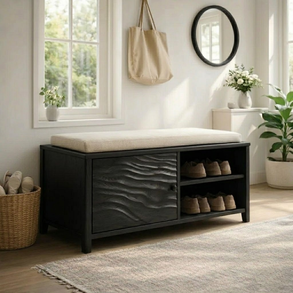 Solid Wood Shoe Bench with Cushion & Storage – Entryway Organizer with Shelf - view 4 of 7