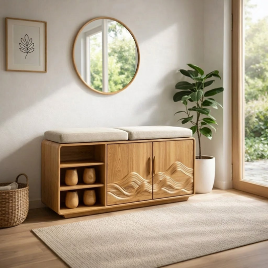Solid Wood Shoe Bench with Cushion & Cabinet – Entryway Storage with Shelves - view 1 of 7