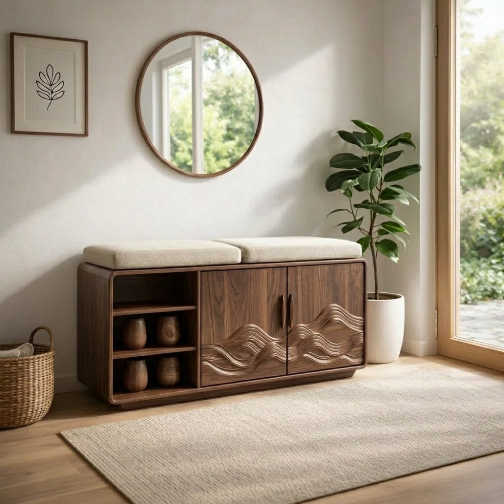 Solid Wood Shoe Bench with Cushion & Cabinet – Entryway Storage with Shelves - view 2 of 7