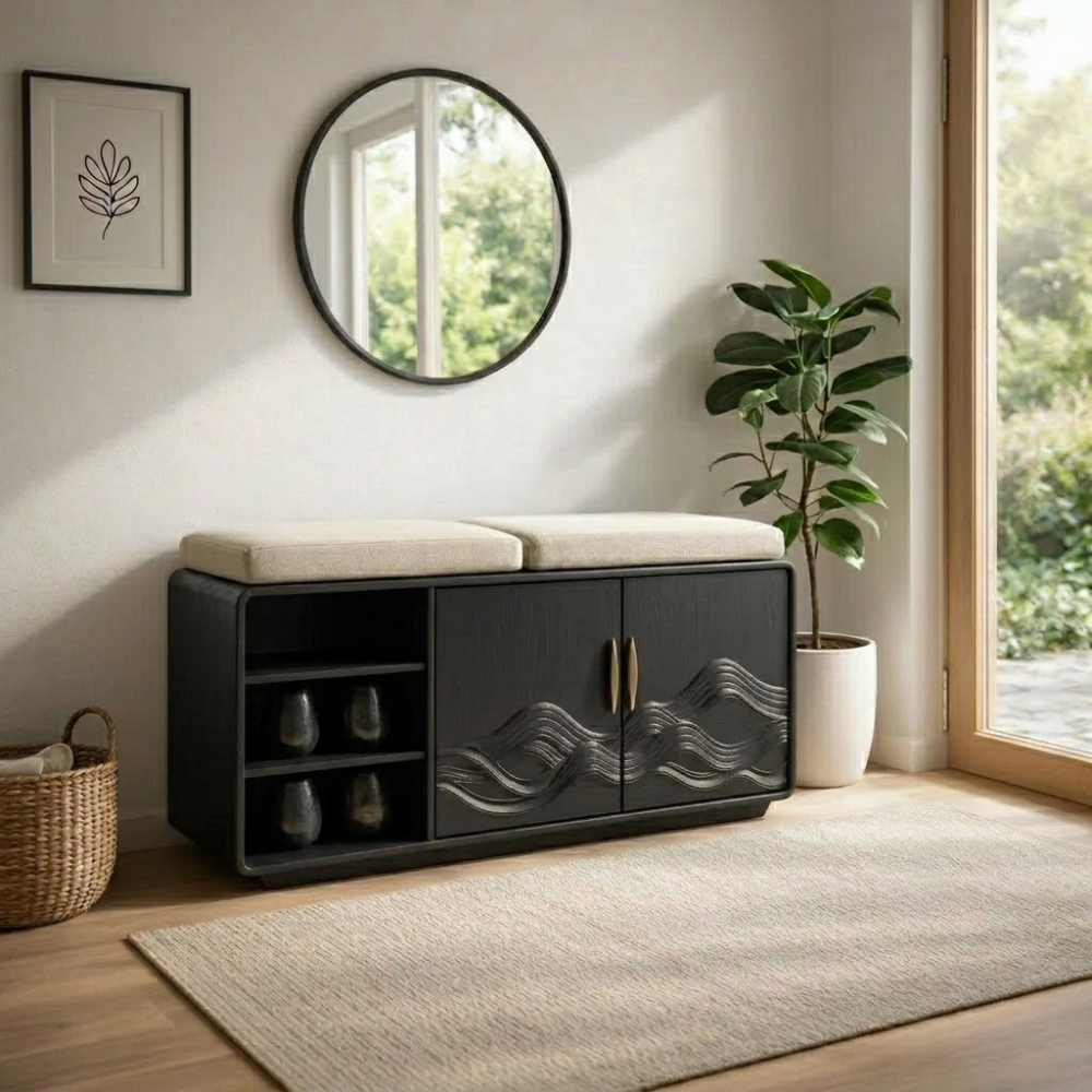 Solid Wood Shoe Bench with Cushion & Cabinet – Entryway Storage with Shelves - view 4 of 7