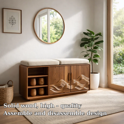 Solid Wood Shoe Bench with Cushion & Cabinet – Entryway Storage with Shelves - view 5 of 7