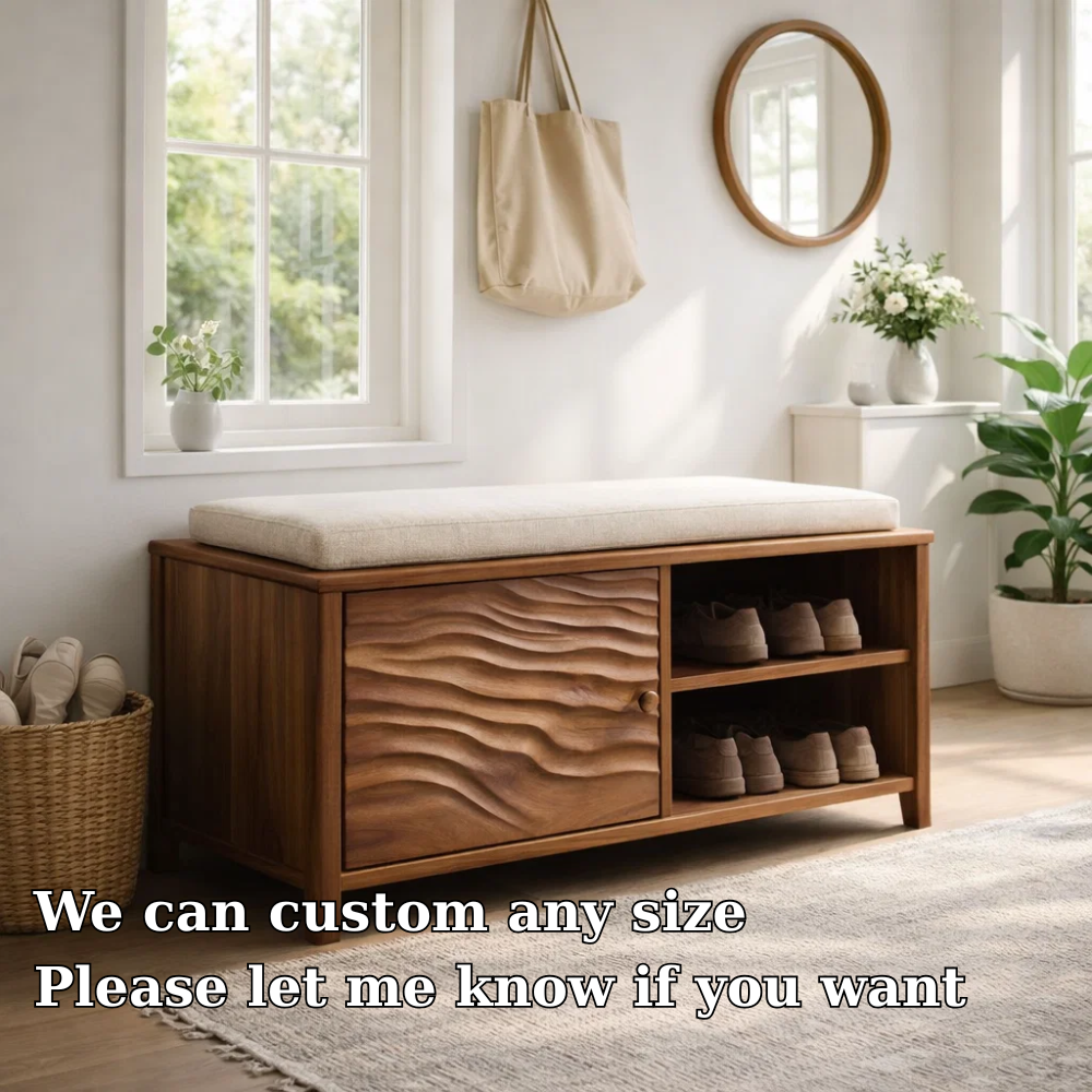 Solid Wood Shoe Bench with Cushion & Storage – Entryway Organizer with Shelf - view 6 of 7