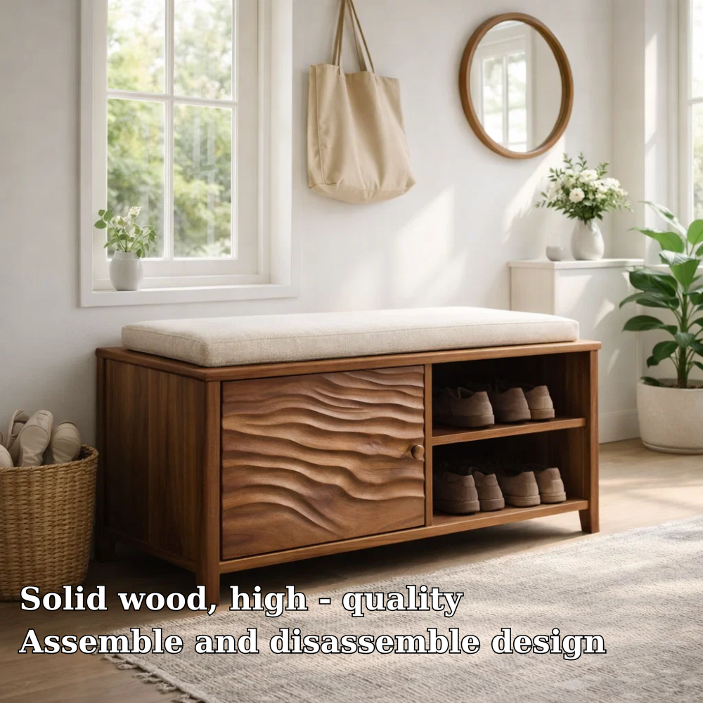 Solid Wood Shoe Bench with Cushion & Storage – Entryway Organizer with Shelf - view 5 of 7
