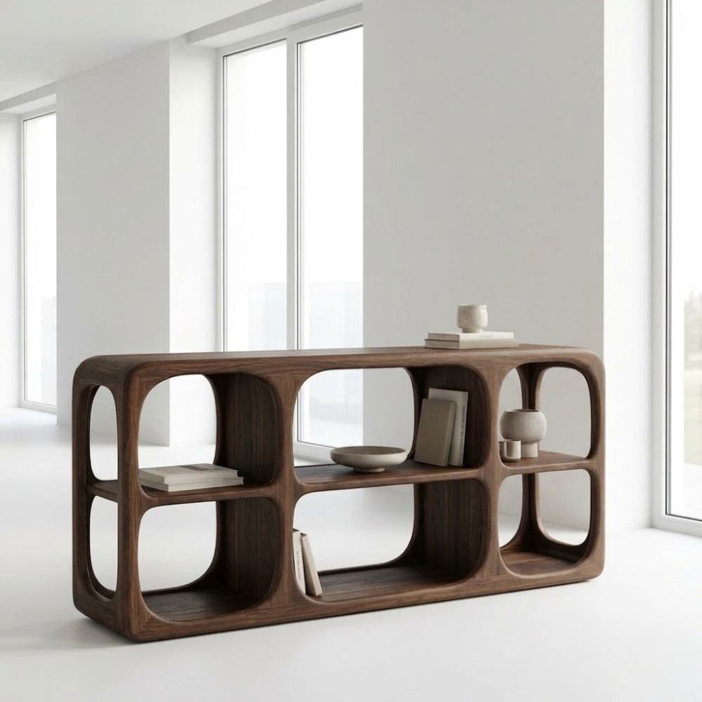 Minimalist Light Oak Console Cabinet - Sculptural Open Shelf Sideboard - view 2 of 7