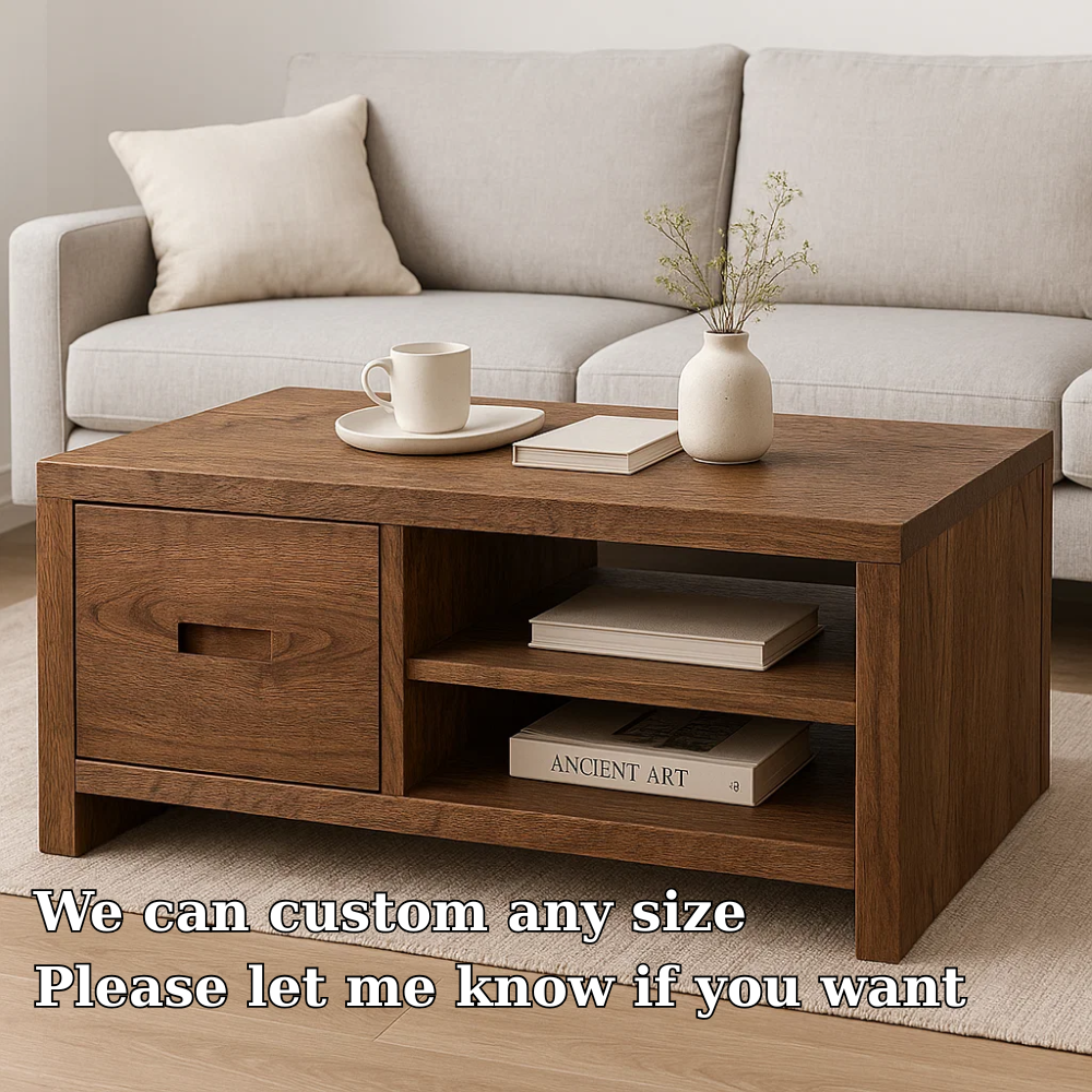 Solid Wood Coffee Table with Storage Drawer and Shelf – Modern Rustic Living Room Table - view 6 of 7