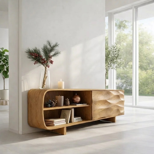 Solid Wood Sideboard Console with Wave Carved Door & Open Shelf Storage - view 1 of 7