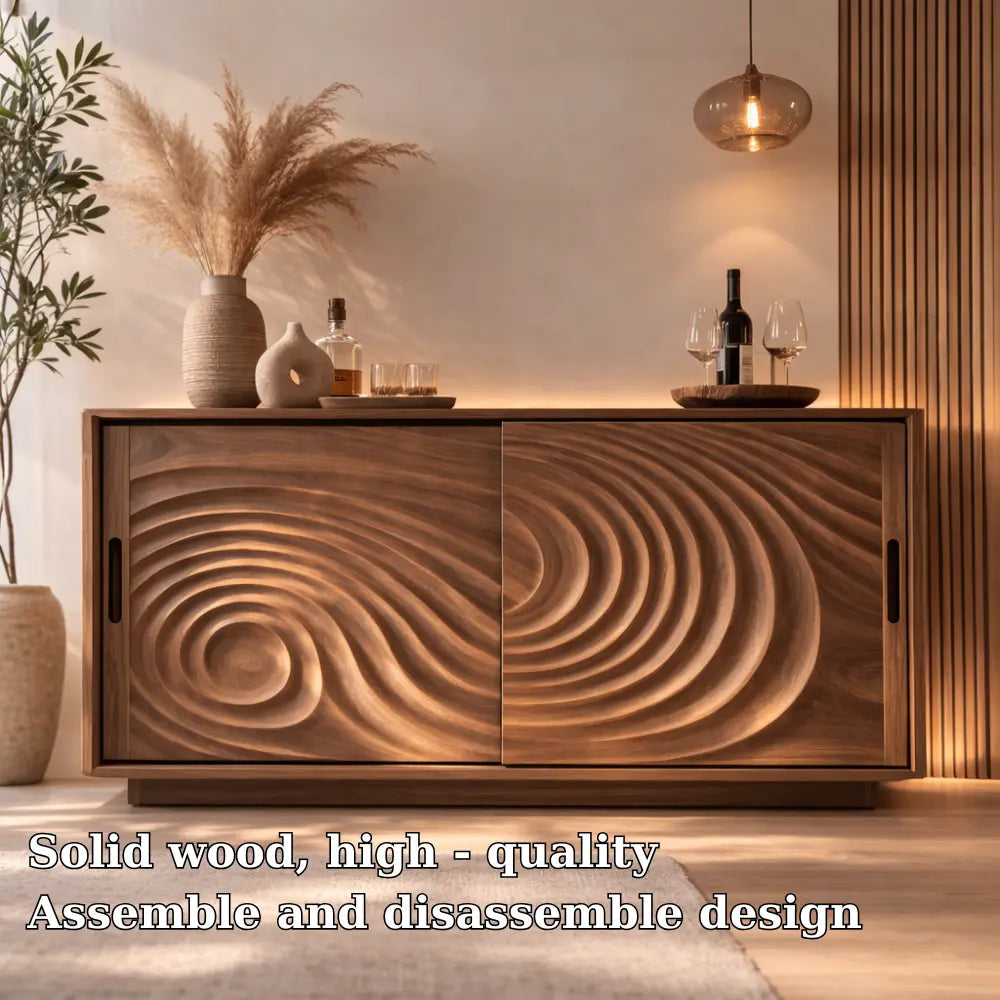 Solid Wood Console Table with Carved Wave Doors – Modern Sculptural Storage Cabinet - view 5 of 7