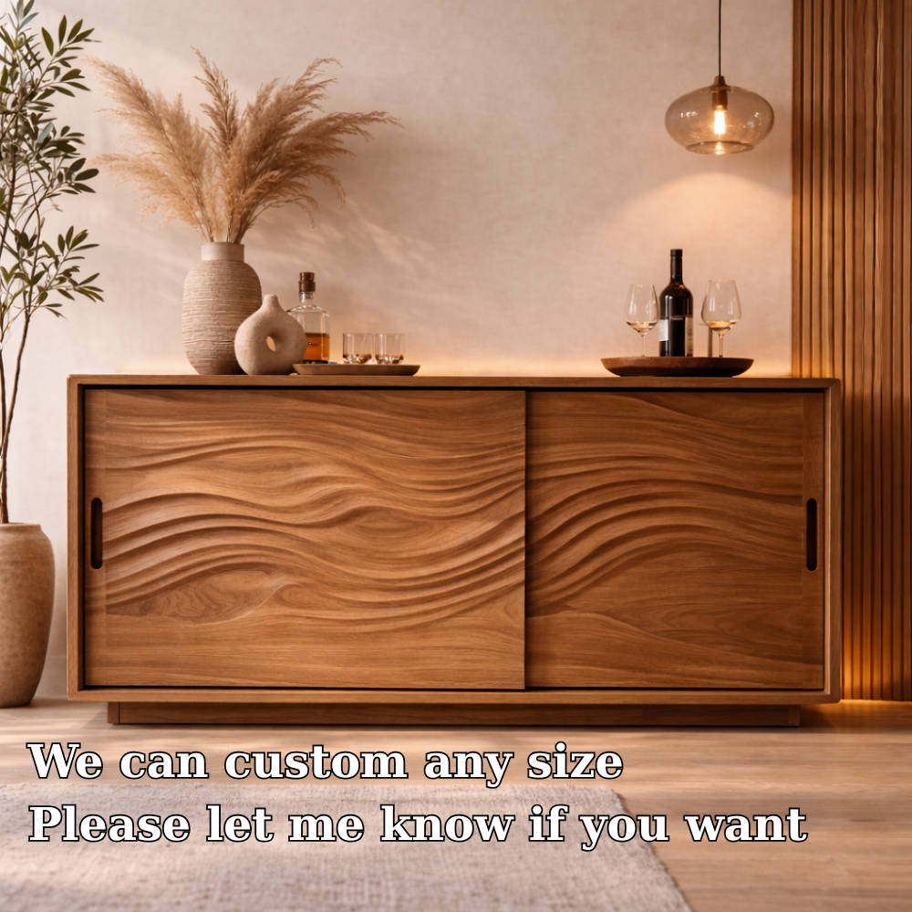 Solid Wood Console Table with Carved Wave Doors – Modern Walnut Sideboard Cabinet - view 6 of 7