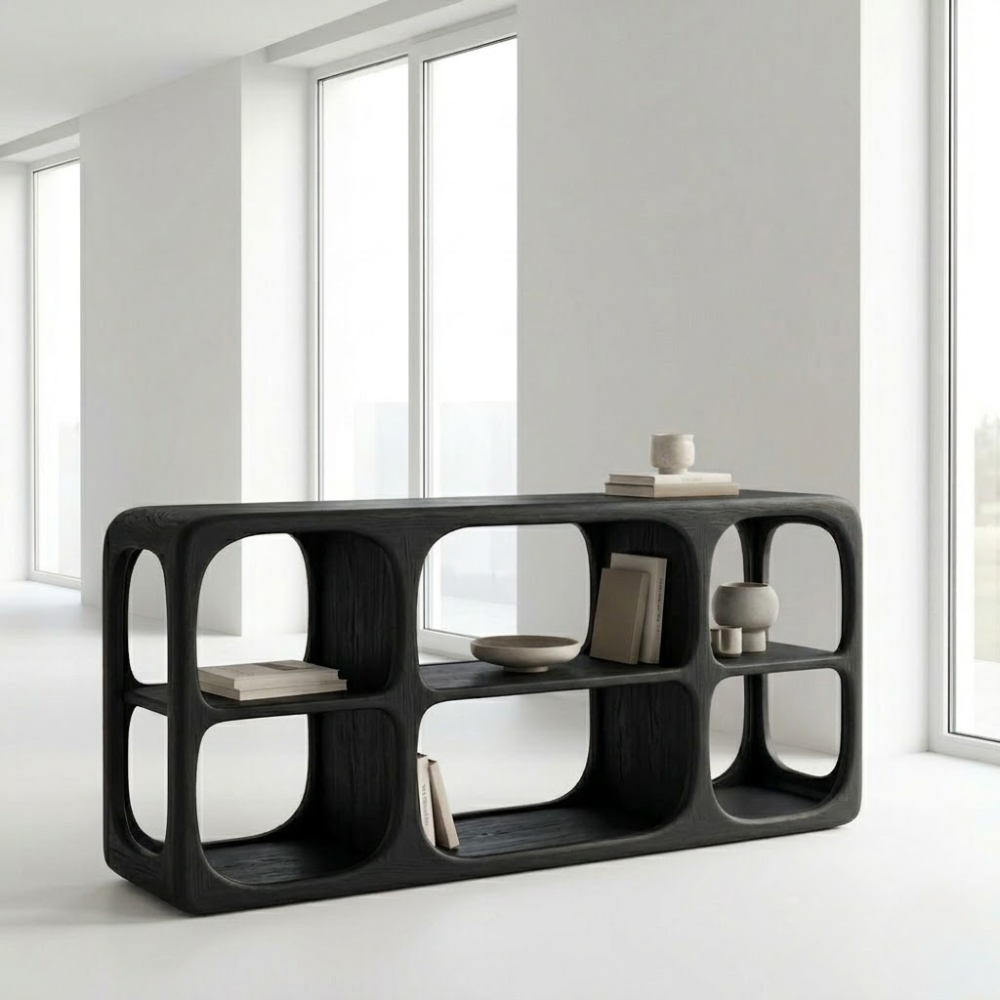 Minimalist Light Oak Console Cabinet - Sculptural Open Shelf Sideboard - view 4 of 7