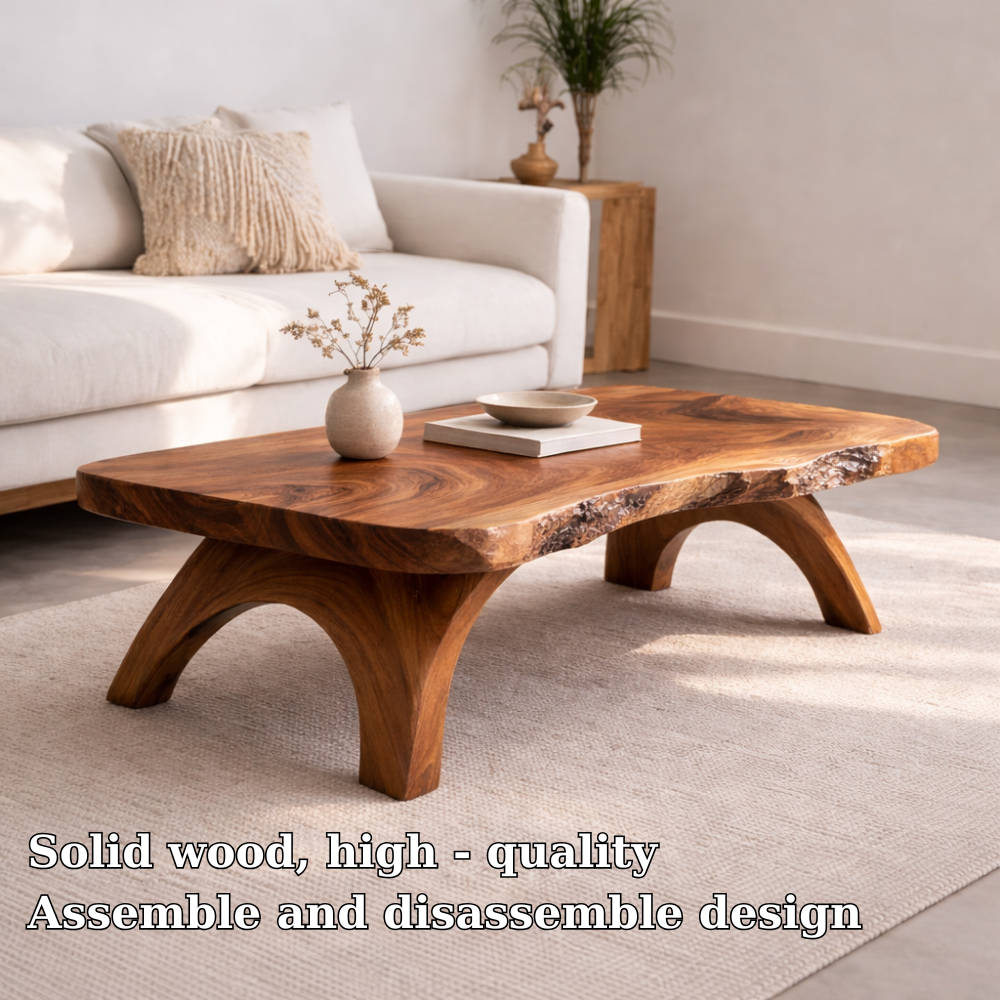 Live Edge Solid Wood Coffee Table with Sculpted Wooden Legs – Rustic Modern Center Table - view 5 of 7