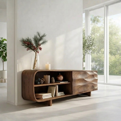 Solid Wood Sideboard Console with Wave Carved Door & Open Shelf Storage - view 2 of 7