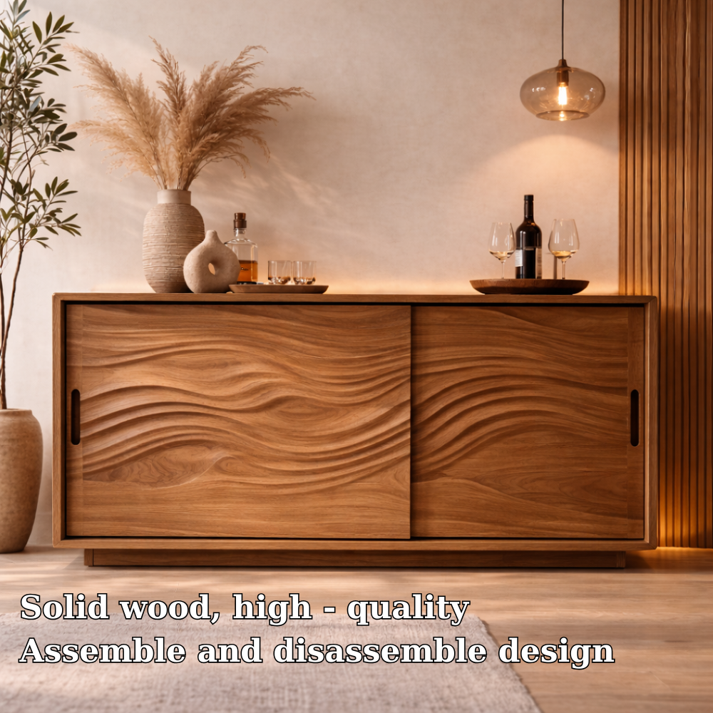 Solid Wood Console Table with Carved Wave Doors – Modern Walnut Sideboard Cabinet - view 5 of 7
