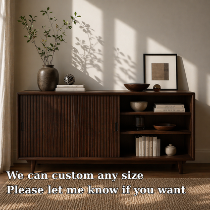 Solid Wood Sideboard Cabinet with Sliding Slatted Doors & Open Shelf Storage - view 6 of 7