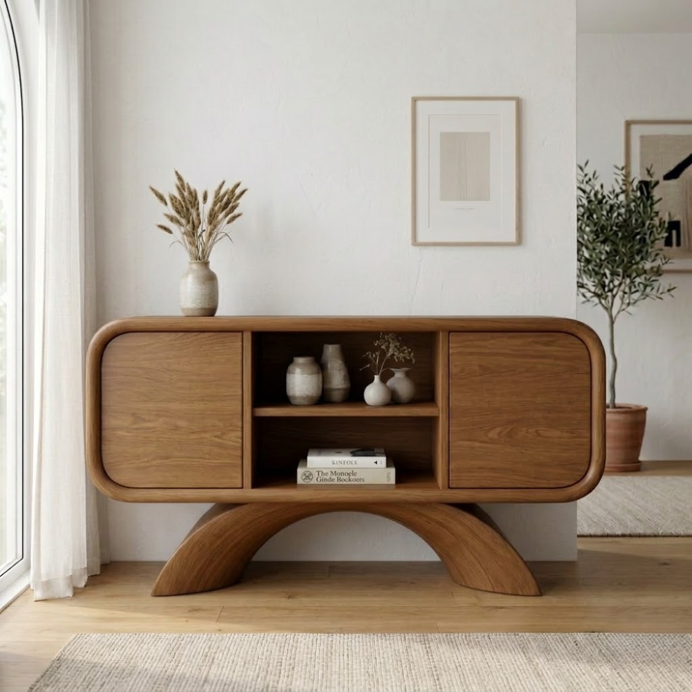 Arched Base Oak Console Cabinet - Modern Japandi Sideboard with Curved Silhouette - view 3 of 7