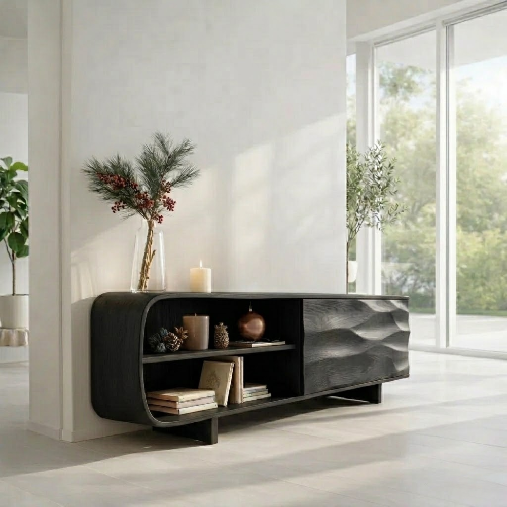 Solid Wood Sideboard Console with Wave Carved Door & Open Shelf Storage - view 4 of 7
