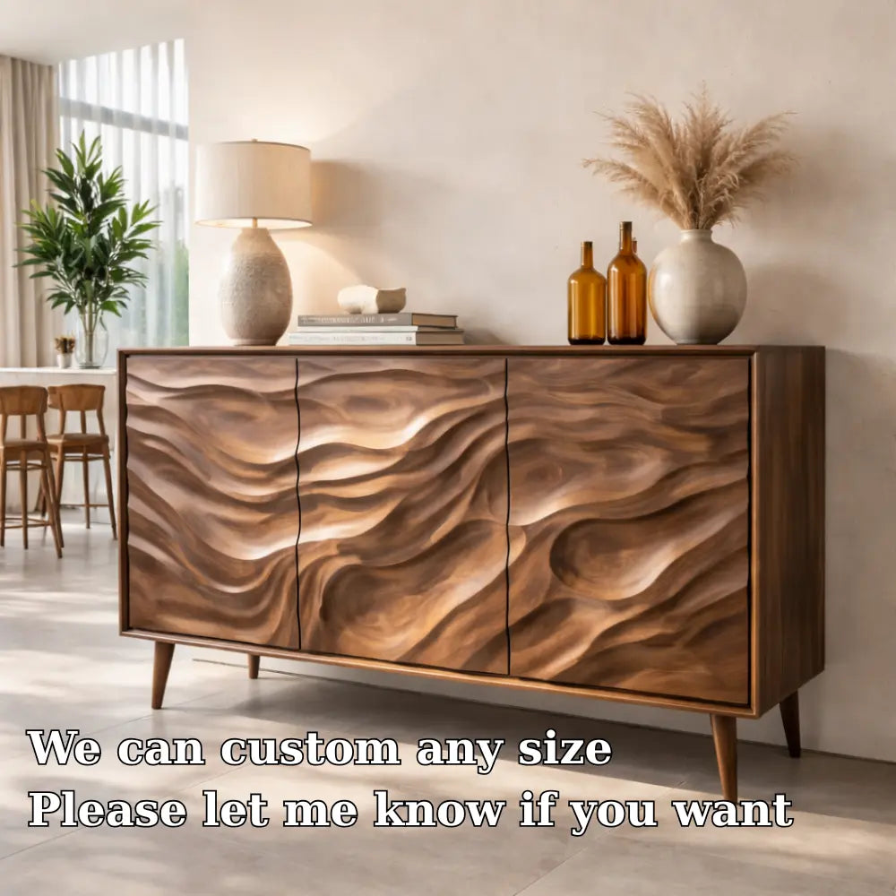 Solid Wood Console Table with Carved Wave Doors – Modern Sculptural Storage Sideboard - view 6 of 7