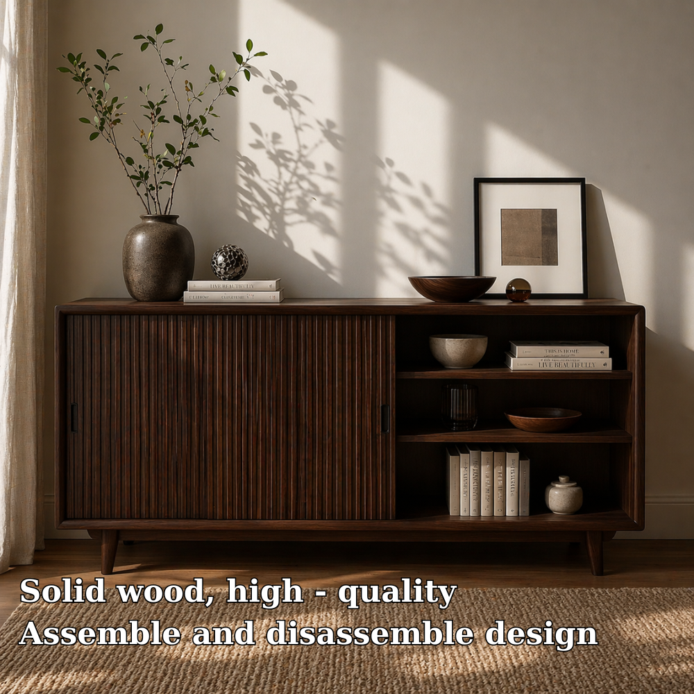 Solid Wood Sideboard Cabinet with Sliding Slatted Doors & Open Shelf Storage - view 5 of 7