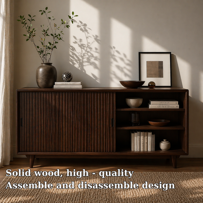 Solid Wood Sideboard Cabinet with Sliding Slatted Doors & Open Shelf Storage - view 5 of 7