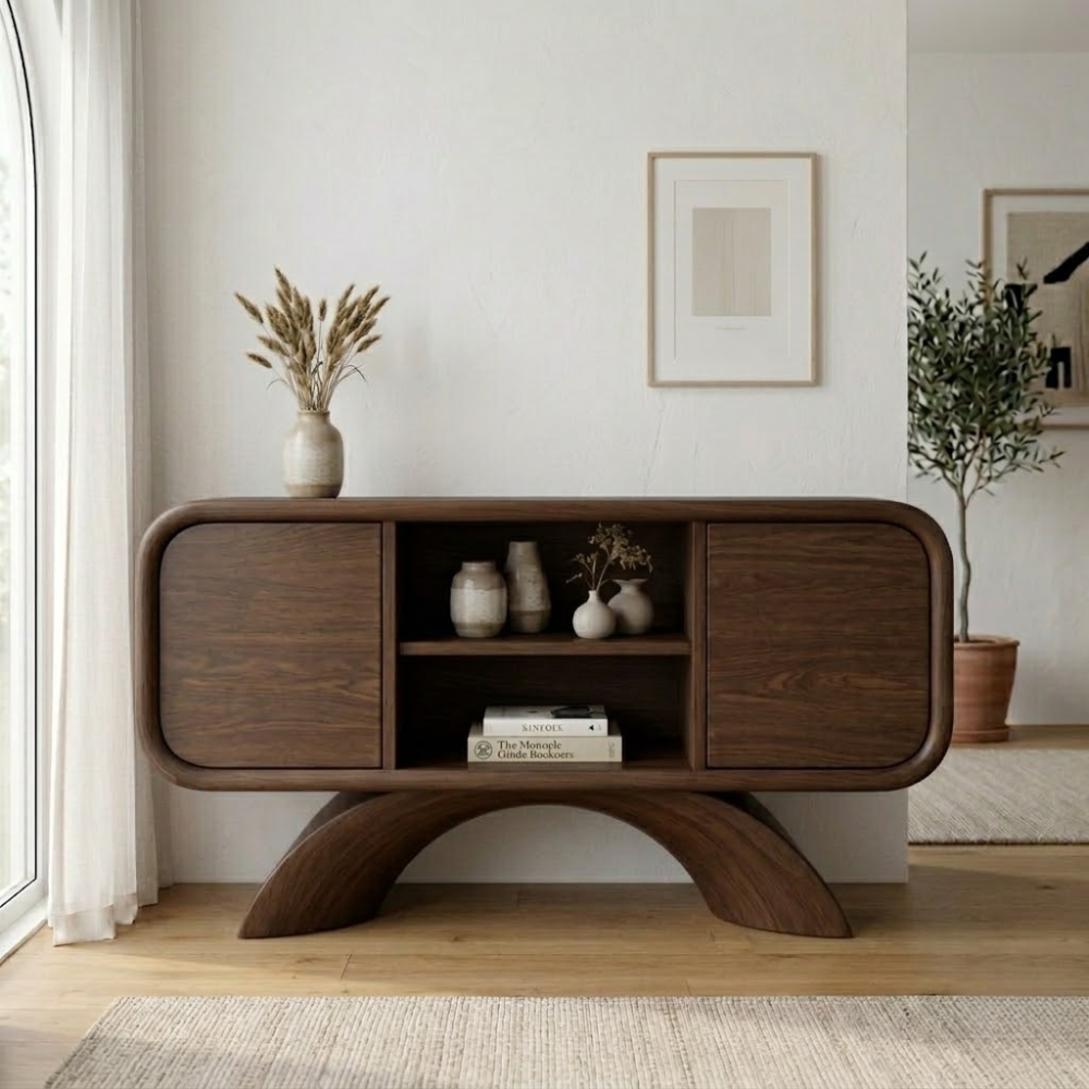 Arched Base Oak Console Cabinet - Modern Japandi Sideboard with Curved Silhouette - view 2 of 7