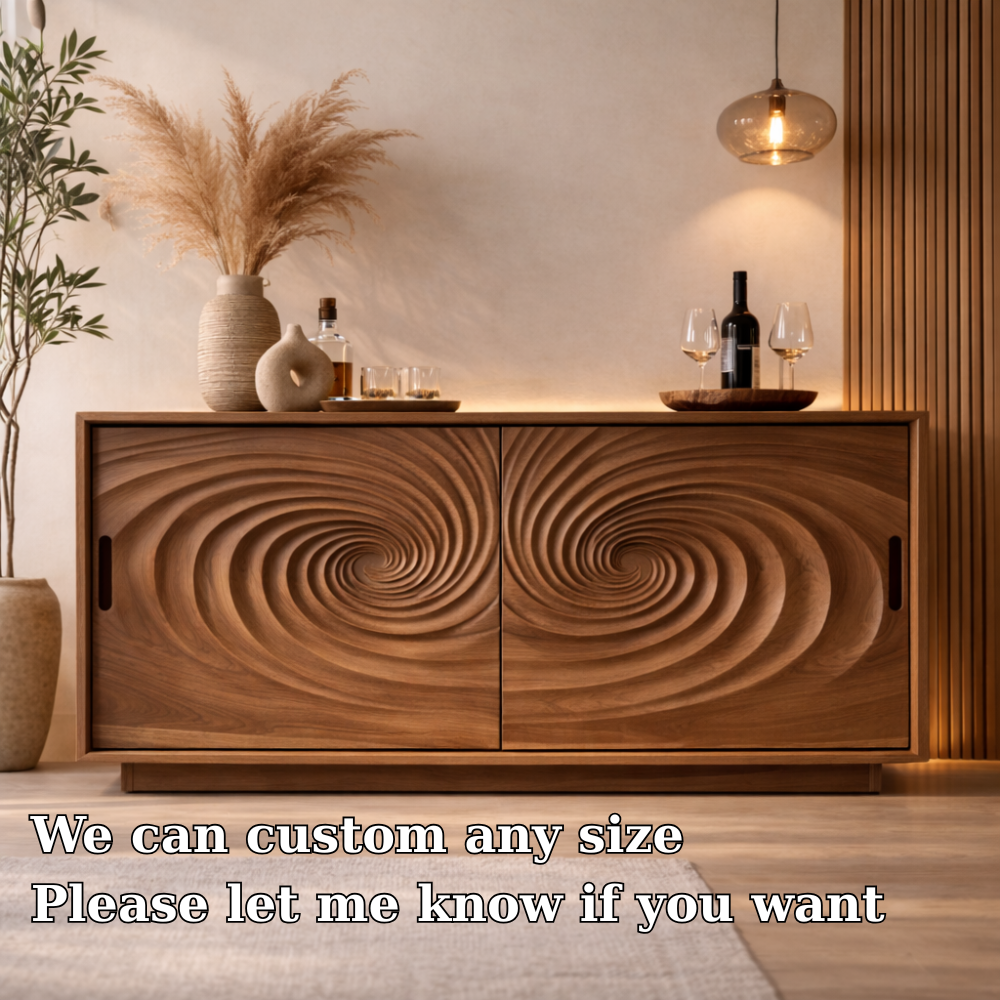 Solid Walnut Console Table with Carved Spiral Doors – Modern Wooden Sideboard - view 5 of 7