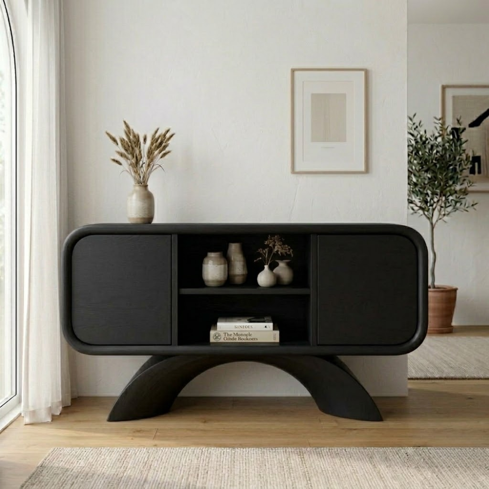 Arched Base Oak Console Cabinet - Modern Japandi Sideboard with Curved Silhouette - view 4 of 7