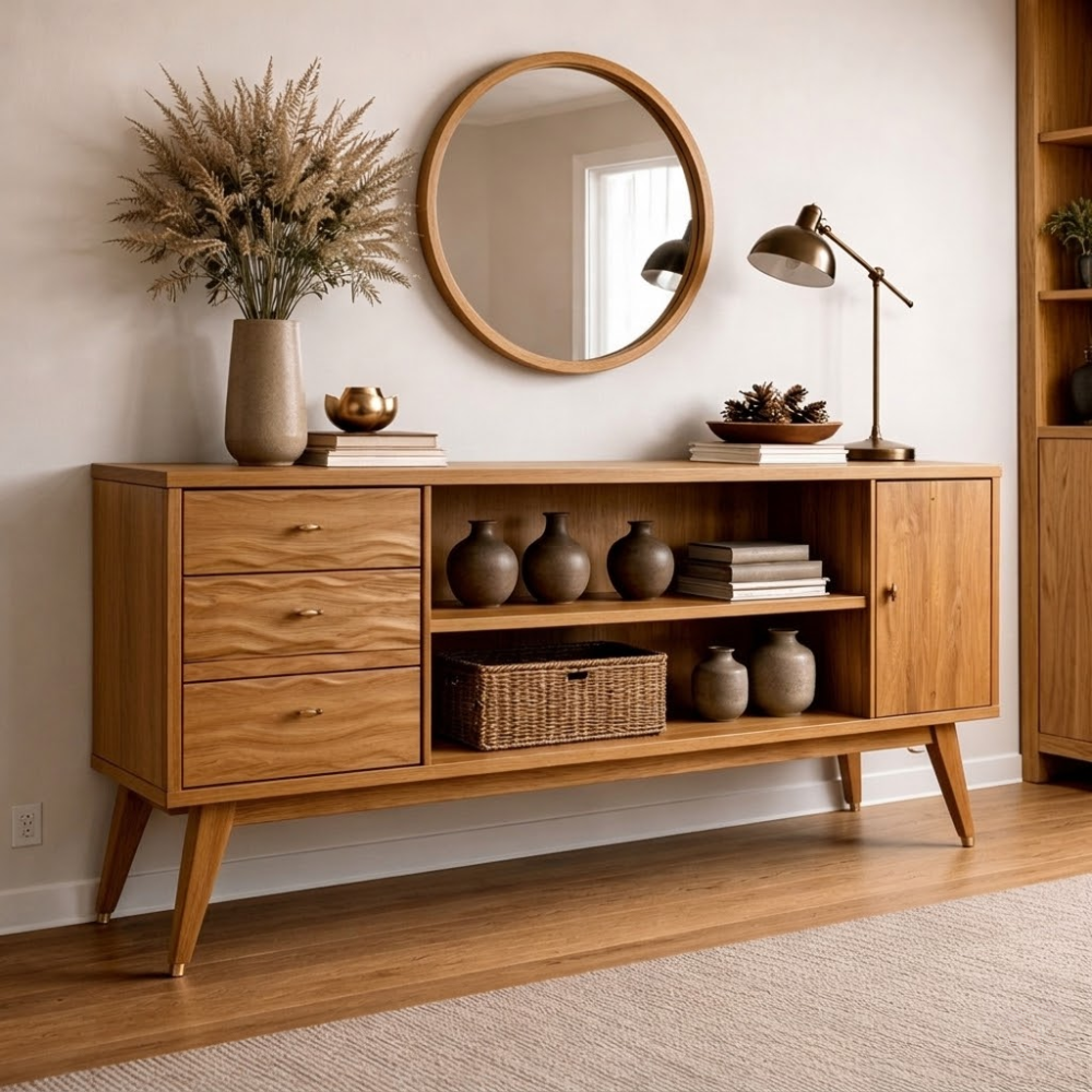 Mid-Century Modern Walnut Console Cabinet -Storage with Elegant Wave Design - view 1 of 7