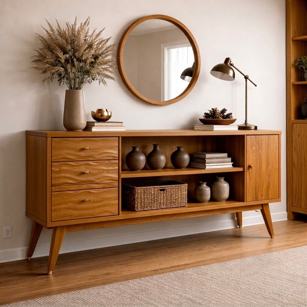 Mid-Century Modern Walnut Console Cabinet -Storage with Elegant Wave Design - view 3 of 7
