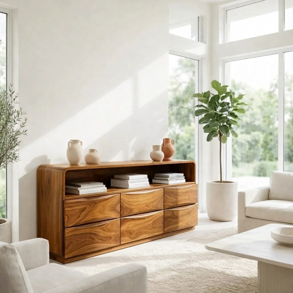 Solid Wood Sideboard Console with Wave Drawers & Open Shelf Storage Cabinet - view 3 of 7