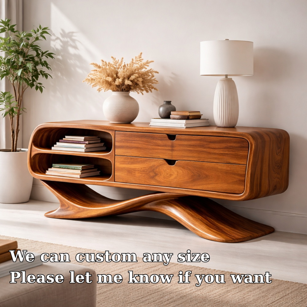 Solid Wood Sculptural Console Cabinet with Drawers & Open Shelf – Modern Curved Base - view 5 of 7