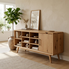 Solid Oak Console Cabinet with Shelves & Door – Modern Storage Sideboard Table - view 1 of 7
