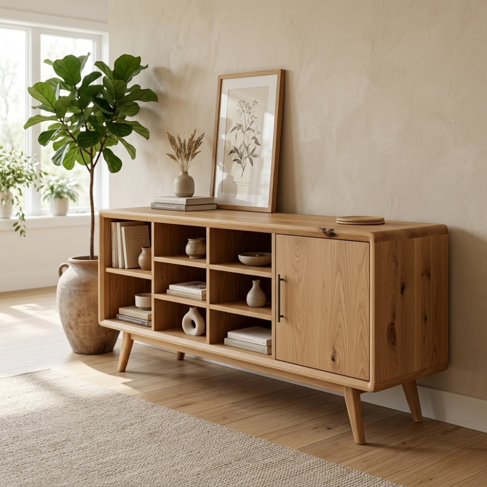 Solid Oak Console Cabinet with Shelves & Door – Modern Storage Sideboard Table - view 1 of 7
