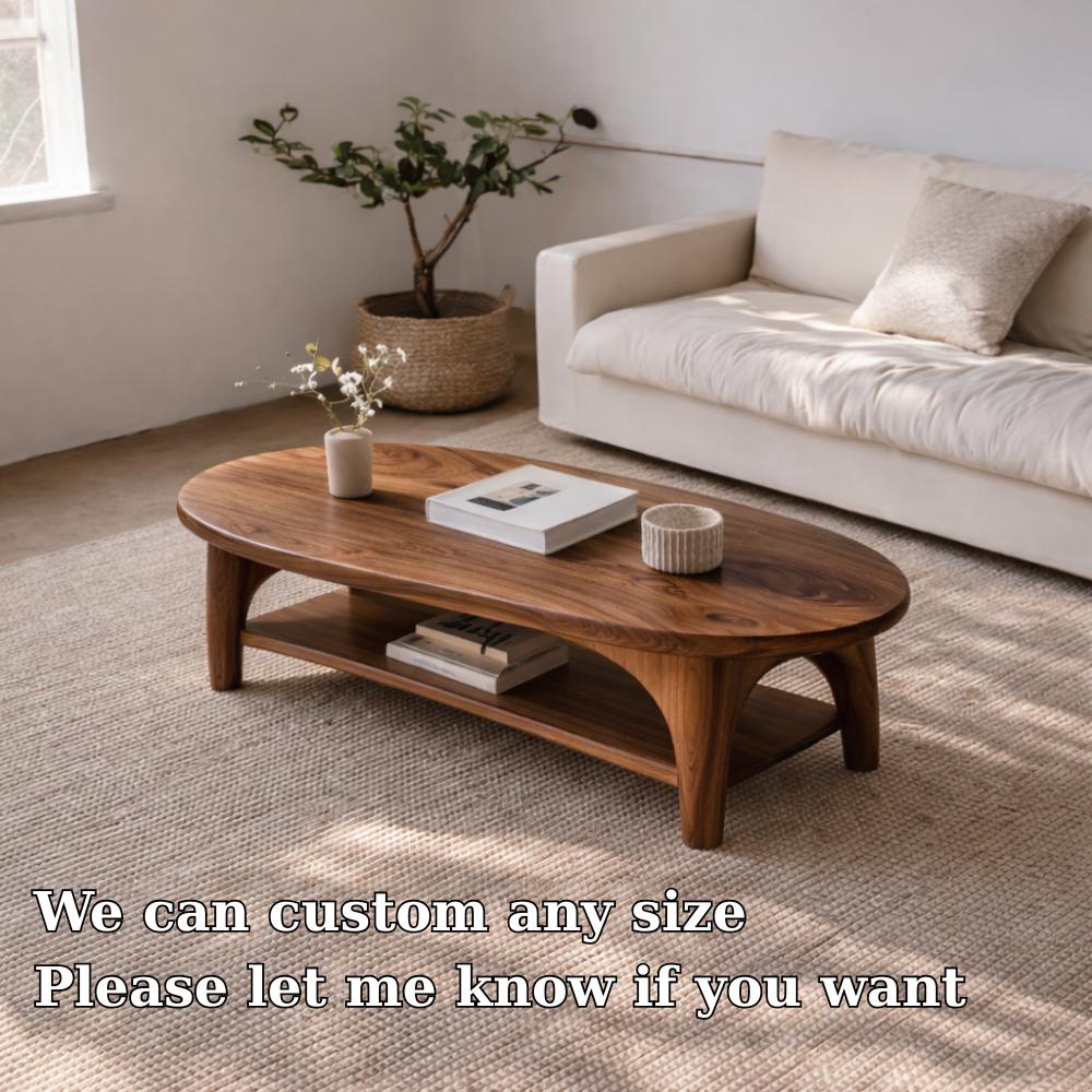 Handcrafted Solid Wood Coffee Table – Oval Modern Center Table with Shelf - view 6 of 7
