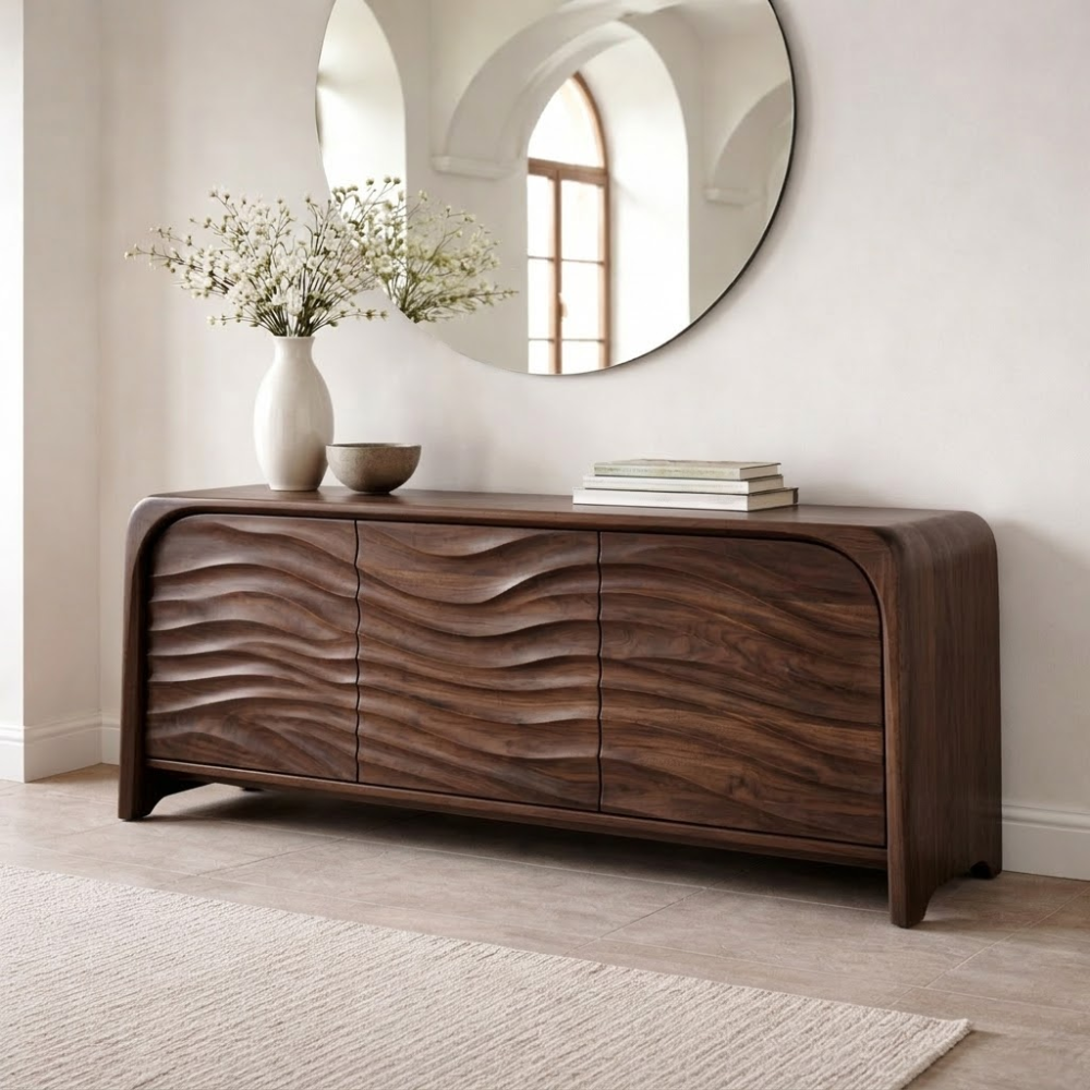 Solid Wood Console Table with Sculpted Wave Front – Modern Entryway Storage Cabinet - view 2 of 7