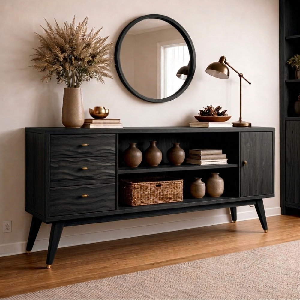 Mid-Century Modern Walnut Console Cabinet -Storage with Elegant Wave Design - view 4 of 7