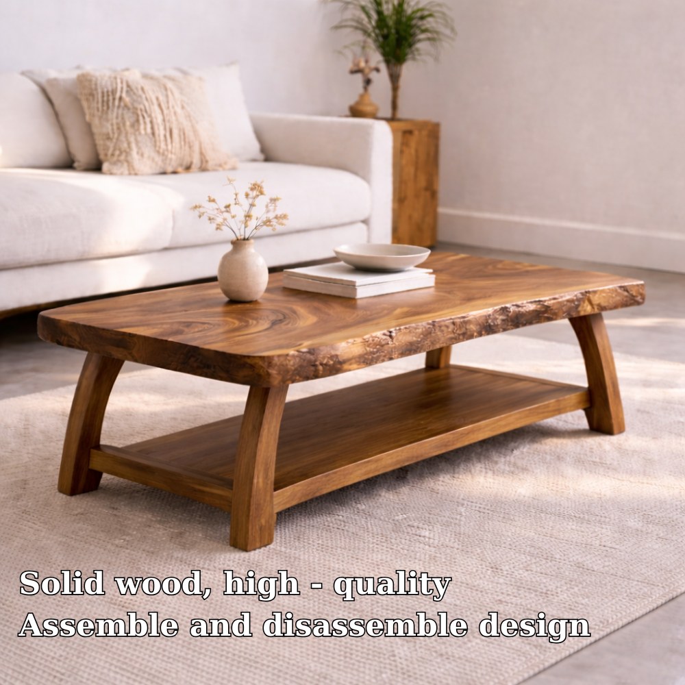 Live Edge Solid Wood Coffee Table with Storage Shelf – Rustic Modern Living Room Table - view 5 of 7