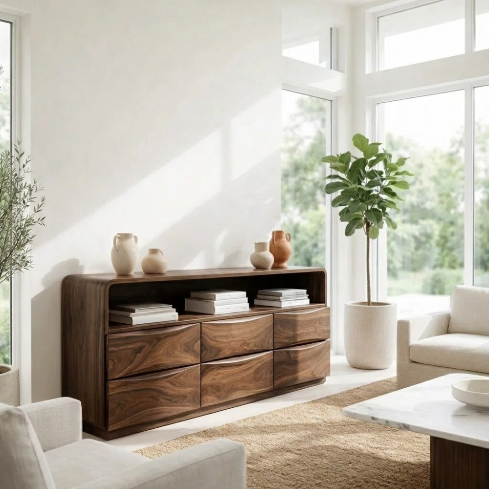 Solid Wood Sideboard Console with Wave Drawers & Open Shelf Storage Cabinet - view 2 of 7