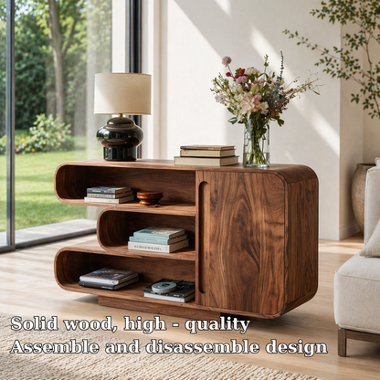 Curved Solid Wood Console Sideboard – Modern Walnut Storage Cabinet with Shelves - view 5 of 7